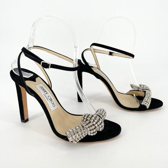 Jimmy Choo Shoes - Jimmy Choo Black Suede Thyra 100 Crystal Embellished Sandal Heel size IT 38